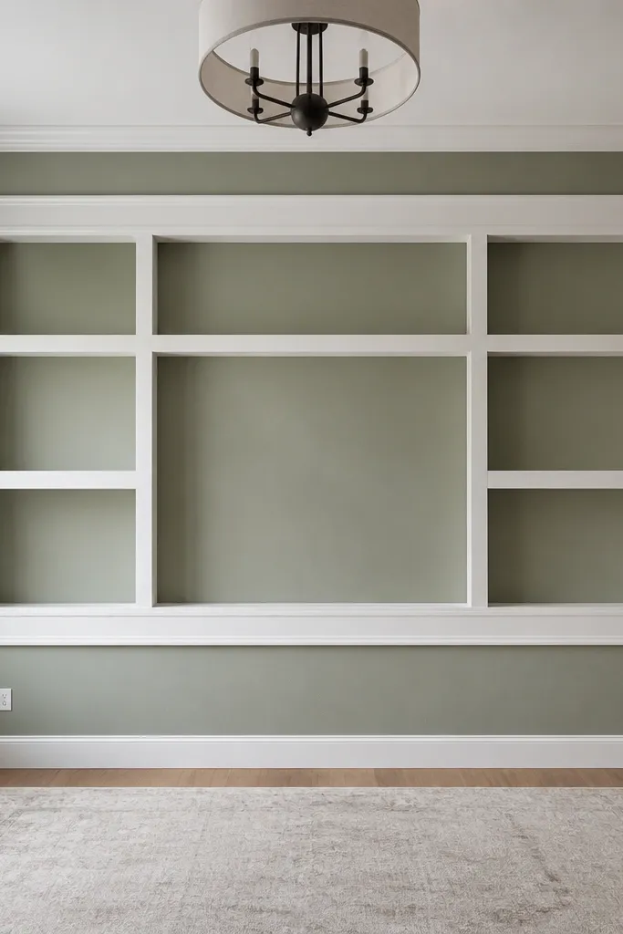 Wall with a rectangular moulding frame where shelves would go