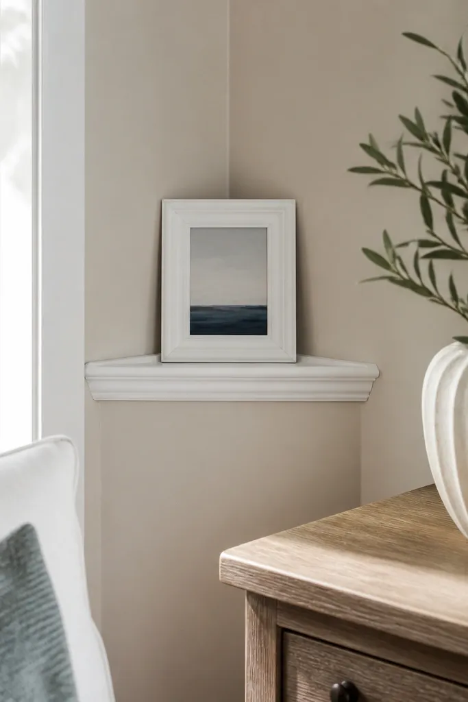 Two opposing wall corners with small moulding frames