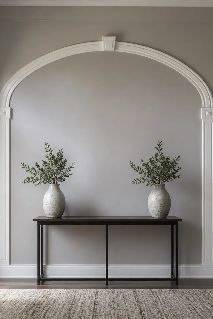 Wall with an arched moulding frame centered above a smaller rectangle