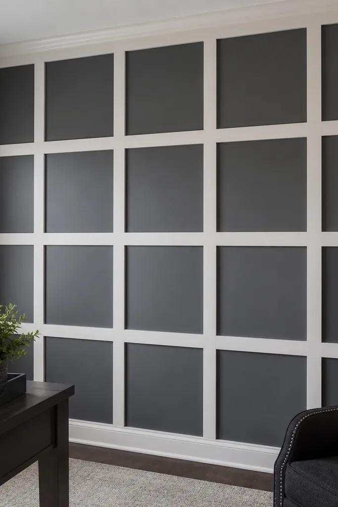 Accent wall with a checkerboard grid made from trim strips
