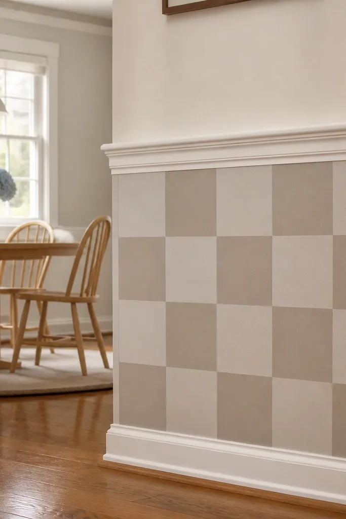 Half wall with chair rail and a checker trim pattern below