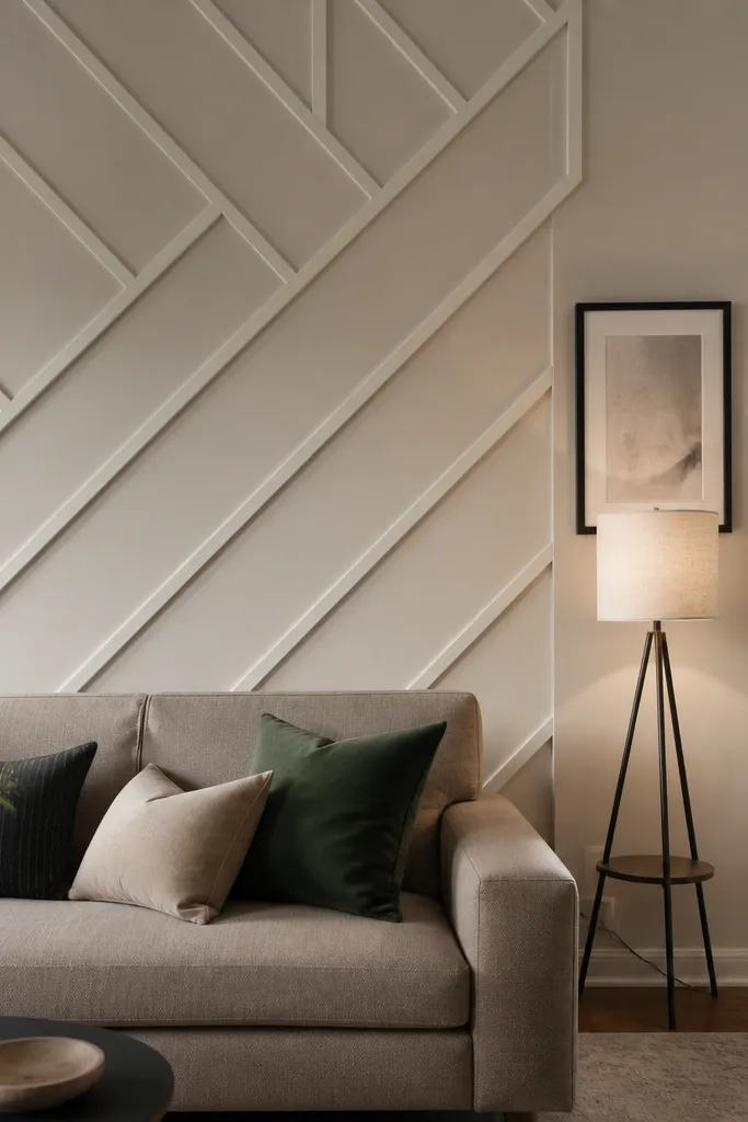 Accent wall with diagonal trim panels forming a geometric pattern