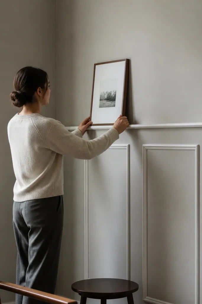 Slim horizontal picture rail with small rectangular moulding frames below