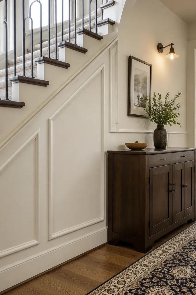 Under-stair wall with rectangular moulding panels arranged neatly