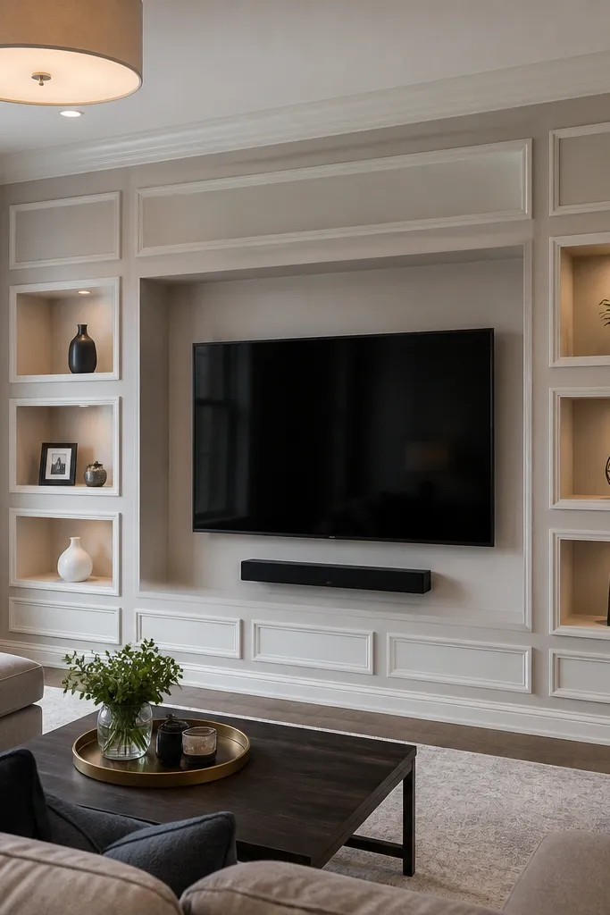 Three recessed shadow-box rows with thin trim outlines on a gray wall