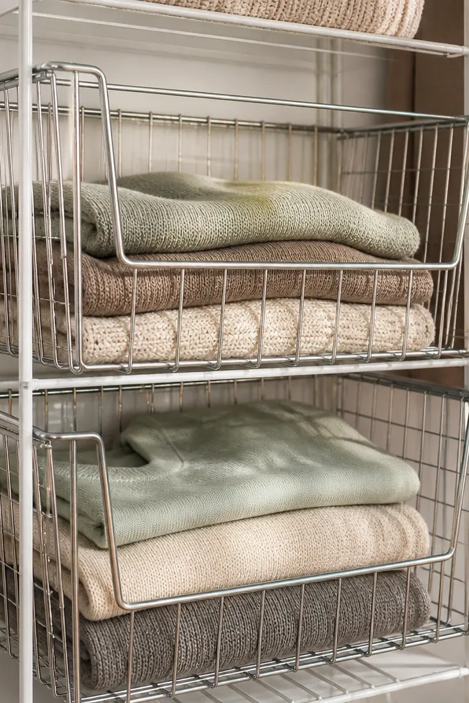 Wire baskets with front handles on a white wire closet shelf
