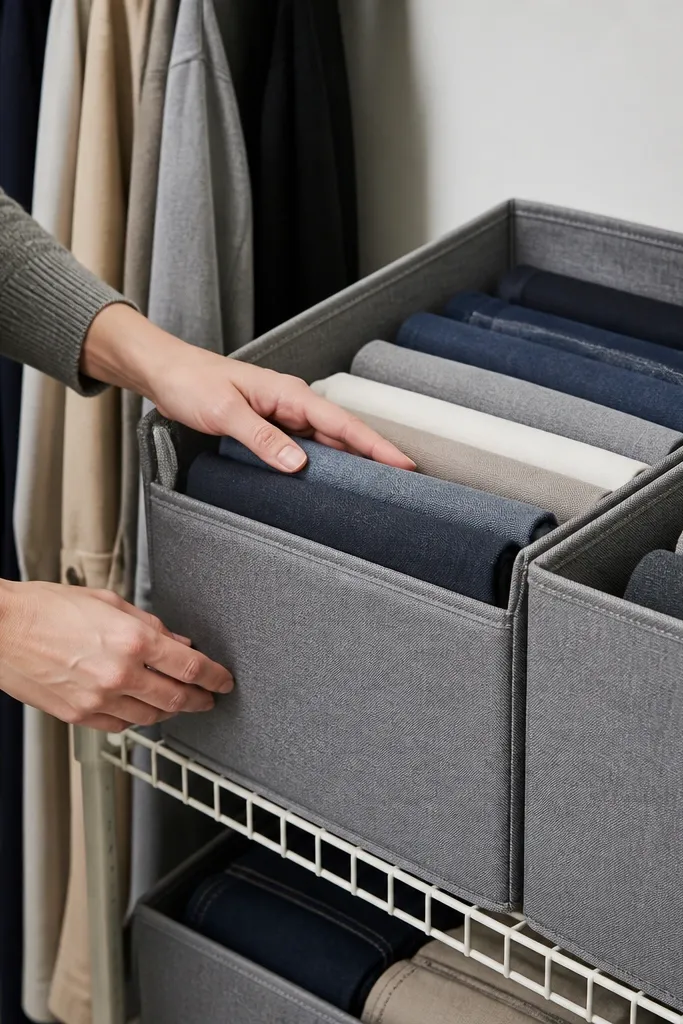 Gray fabric bins with a firm flat bottom on wire closet shelves