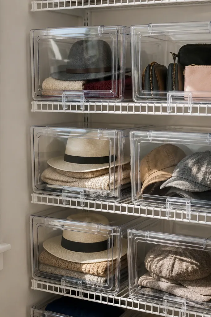 Clear snap-front storage bins on a wire closet shelf