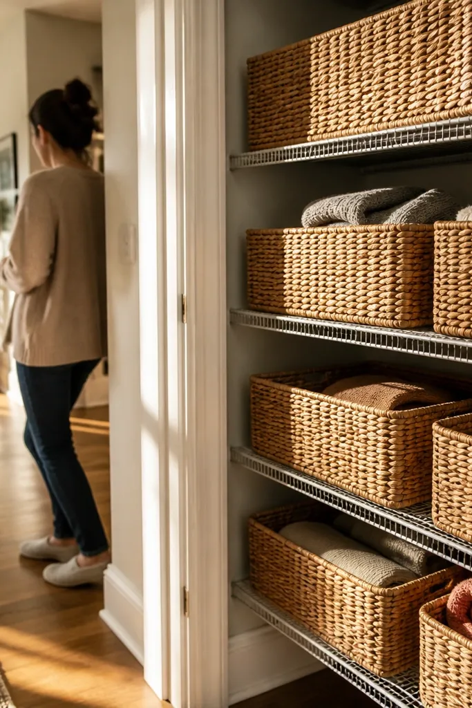 Woven baskets with flat bases on a wire closet shelf