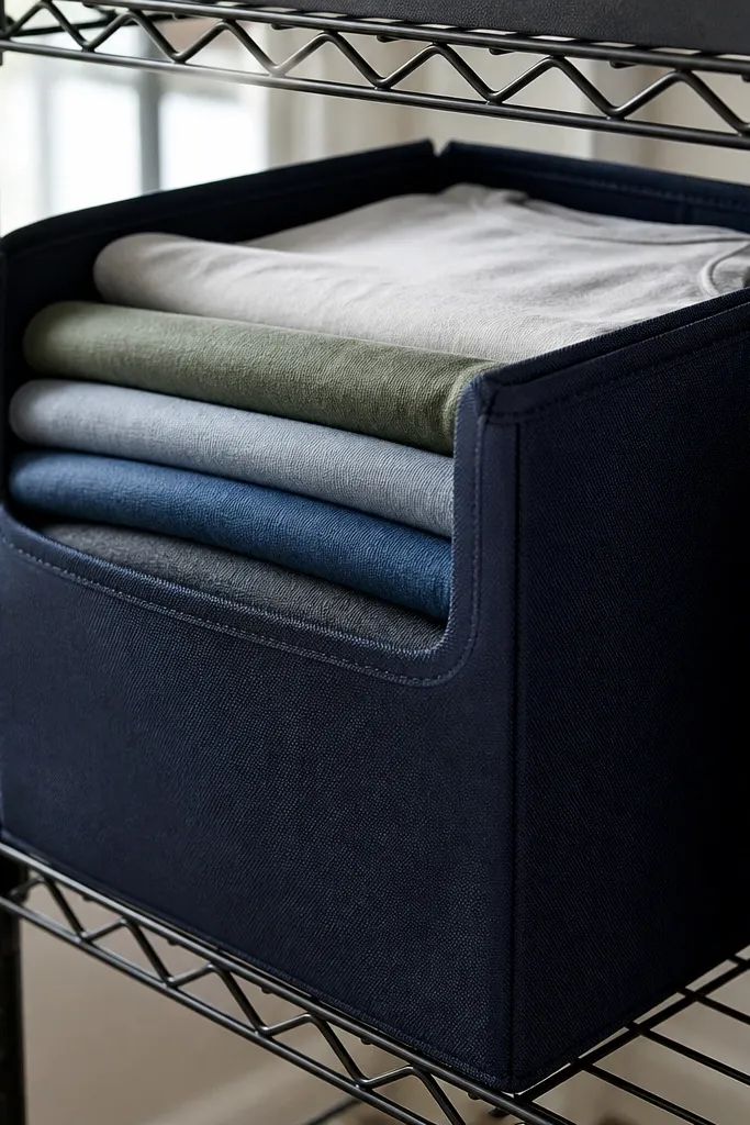 Foldable fabric cubes with a stiff frame on wire shelves