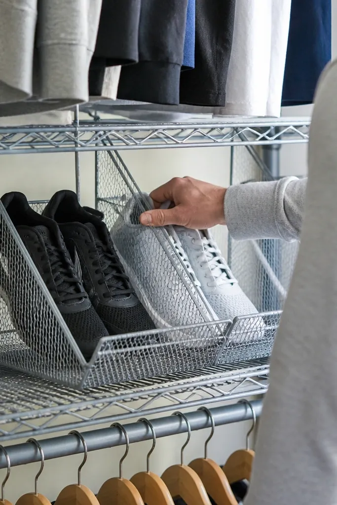 Wire shelf shoe baskets with dividers on a closet shelf