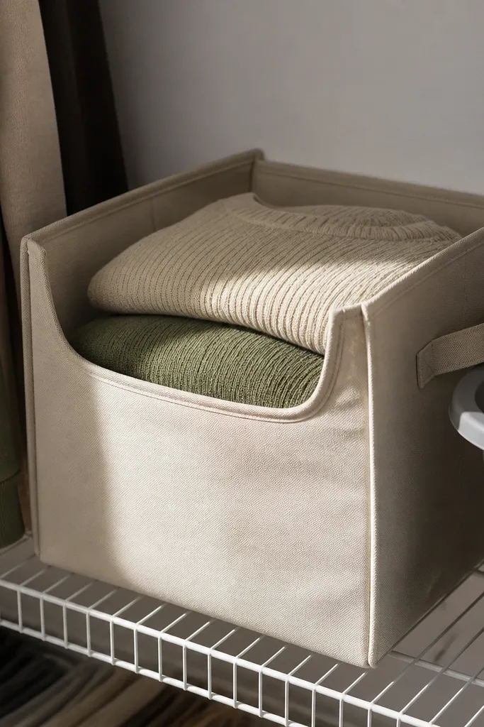 Collapsible tote with stiff sides on a wire closet shelf