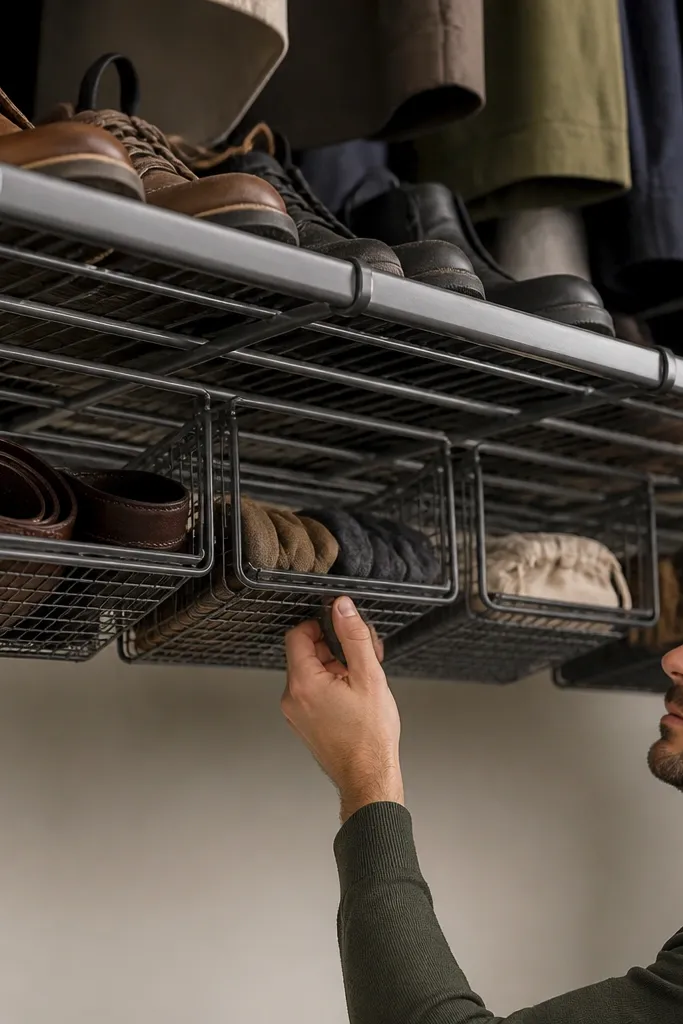 Hanging bin attached under a wire shelf for shoes and accessories