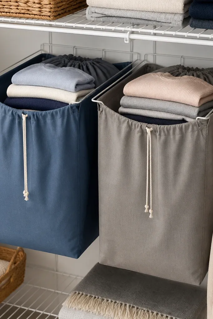 Fabric hamper bin with a drawstring on a wire closet shelf