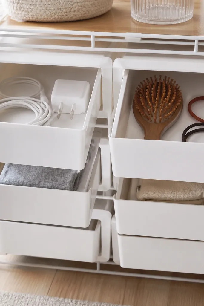 Drawer-style plastic bins on wire closet shelves with handles