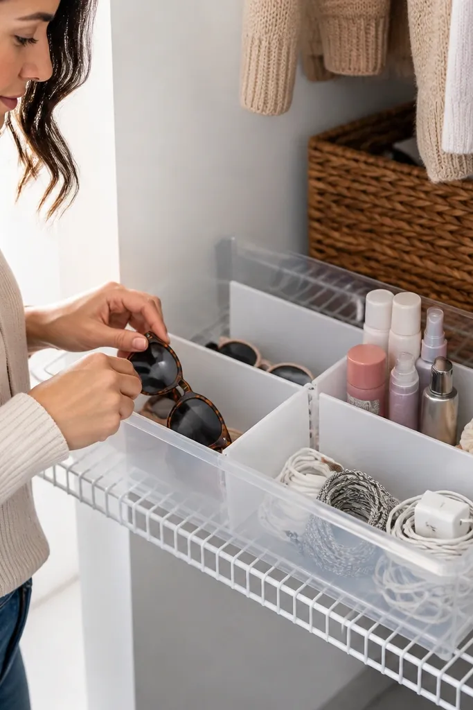 Modular plastic bins with snap dividers on wire closet shelves