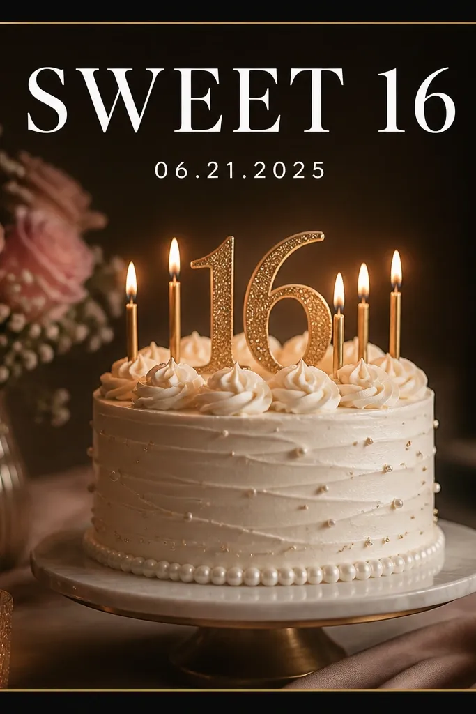 A square graphic with a near-black outer frame. A thin gold line runs just inside the border, forming a clean rectangle. The photo shows a birthday cake with warm lighting. Top text in white reads "SWEET 16" and a small date appears below it.