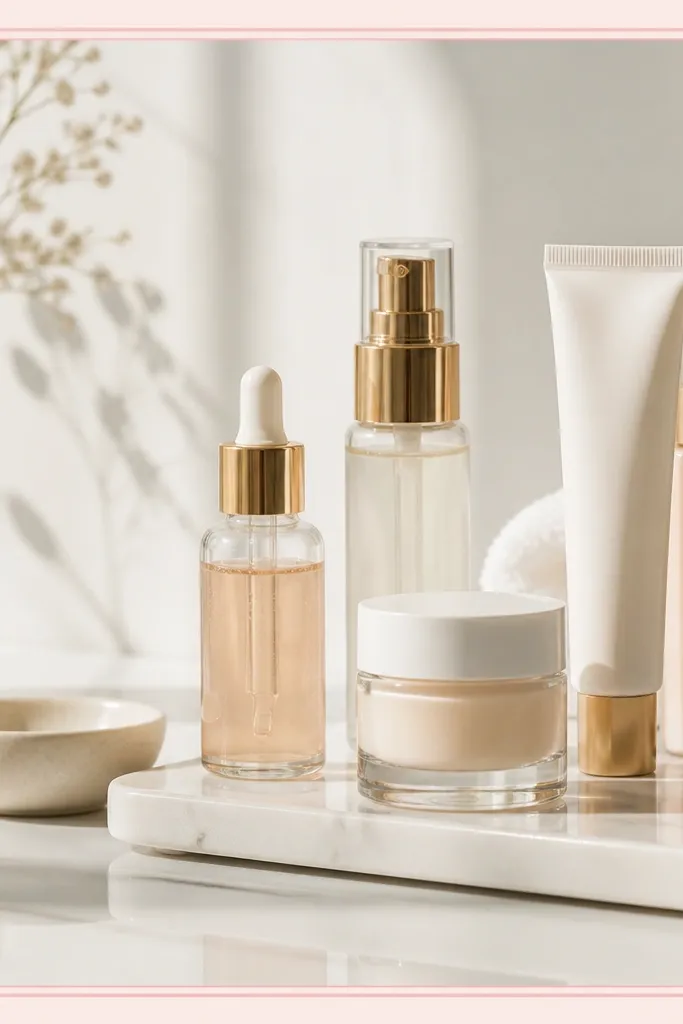 A 1080x1080 image with rounded-corner borders. The frame has a pale blush outer edge and a slightly darker pink inner line. The photo shows skincare bottles on a white countertop. There's a minimal script label near the center-left.