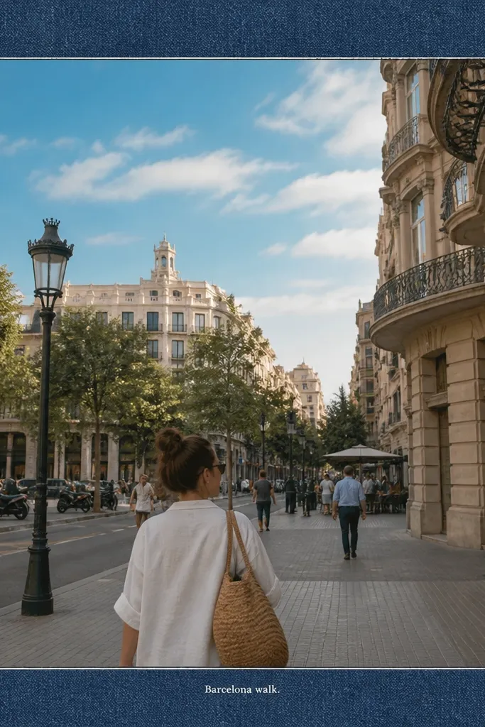 A square frame in denim blue with a slightly textured look. Inside, the photo is a street scene with bright skies. The border has a subtle lighter edge on the inside. Tiny white text at the bottom says "Barcelona walk".