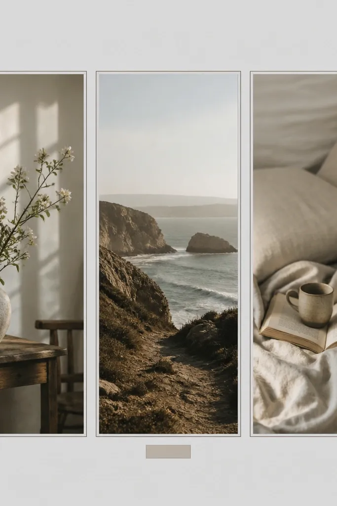A square Instagram post that looks like a mini gallery wall. Three vertical photo panels sit side by side with narrow gaps between them. The outer frame is light gray. Each panel has a thin border and a tiny label under the middle panel.