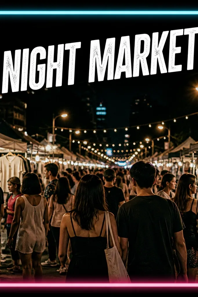 A square graphic with a black background photo. The frame resembles a neon ticket stub with bright cyan and pink edges. The photo shows street lights and a crowd. Text in white reads "NIGHT MARKET" across the top, angled slightly.