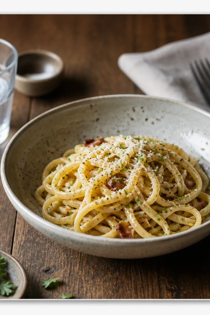 A square image with a thin light gray frame and a gentle shadow around the photo. The photo shows a bowl of pasta on a wooden table. There's a small centered label at the bottom in dark gray.
