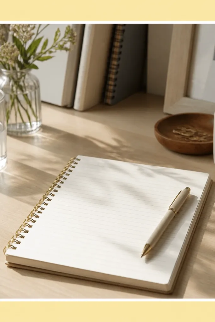 A square frame in pastel yellow with a clean white inner border. In the top-right corner, there's one small star sticker. The photo shows a desk with a notebook. A short caption sits on the bottom-left.
