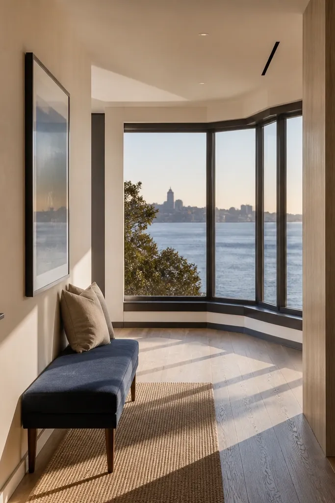 Low bay window bench with enough walkway space in front