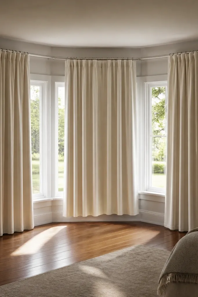 Curtains hanging in three sections across the bay window