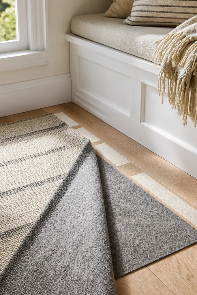 Rug under bay window seating with no curling edges
