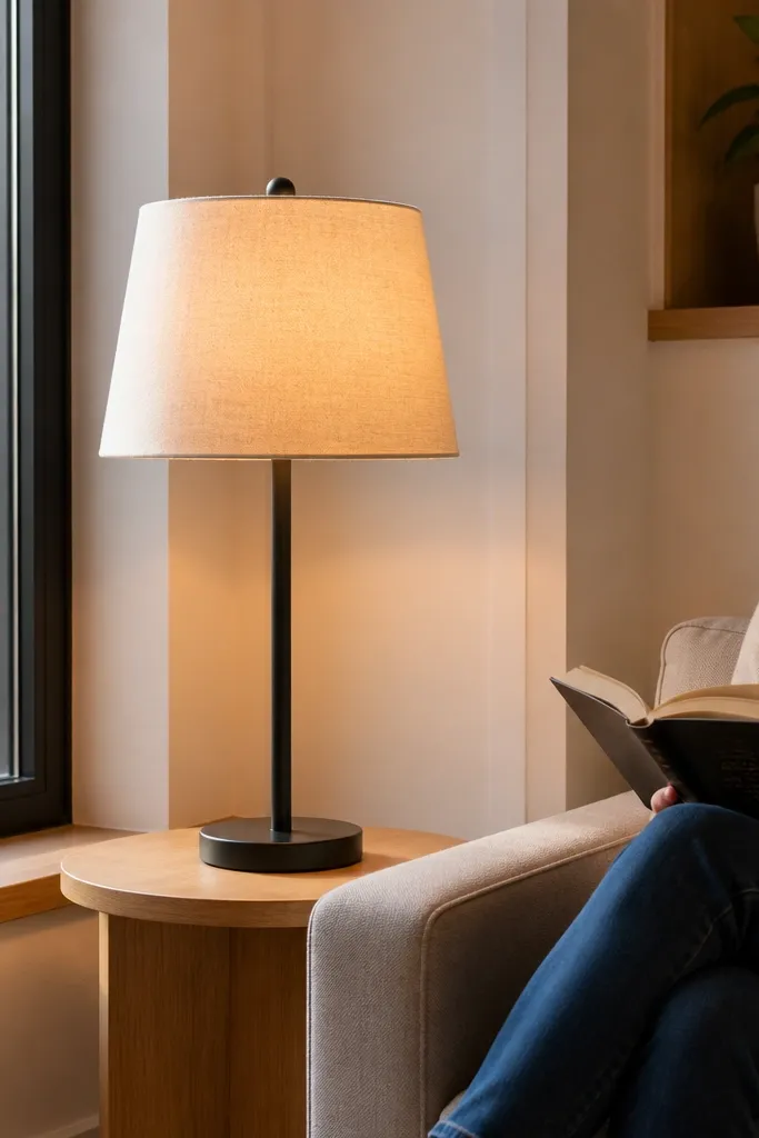 Floor lamp with cord hidden along baseboard near bay window