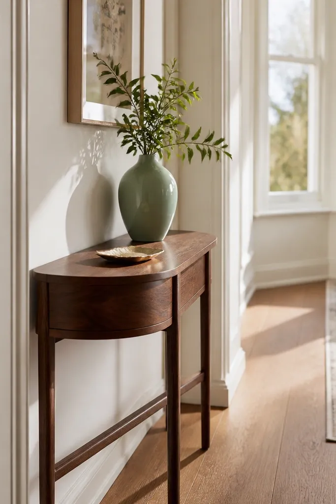 Narrow side table between bay seating and wall