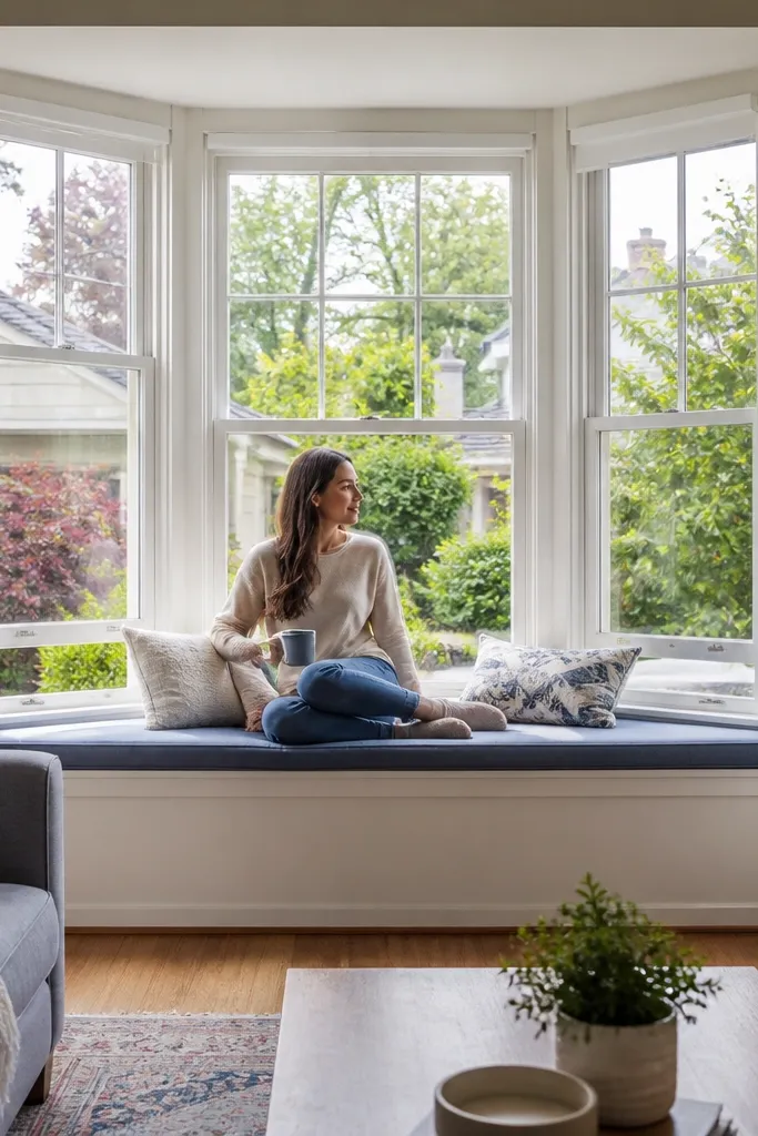 Modular storage boxes covered to form a bay window bench