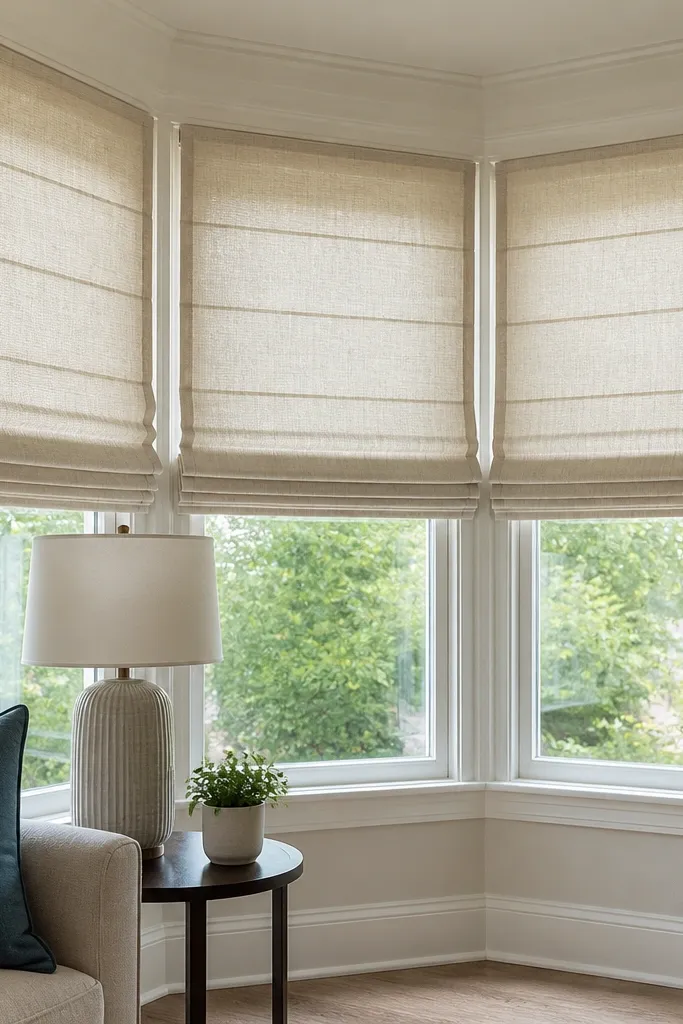 Roman shade folded neatly on an angled bay window