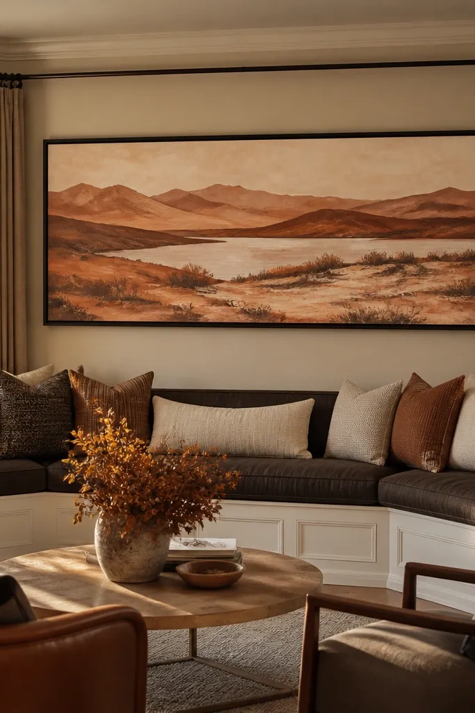 Large framed art aligned above bay window seating