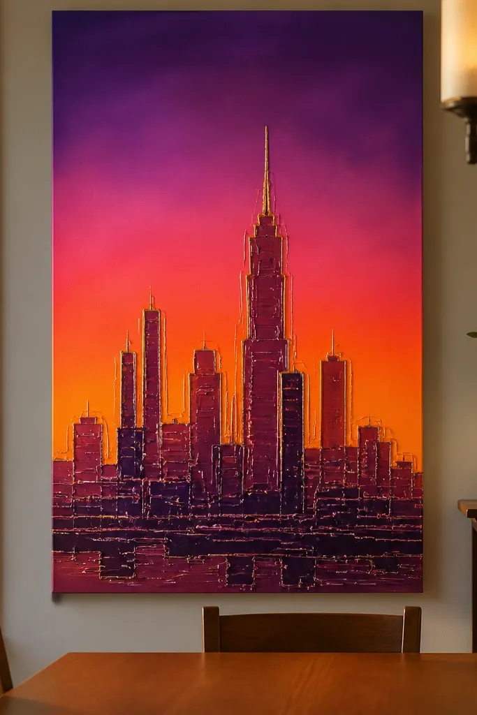 Dark city skyline over orange and purple sunset with bright wax-like outlines