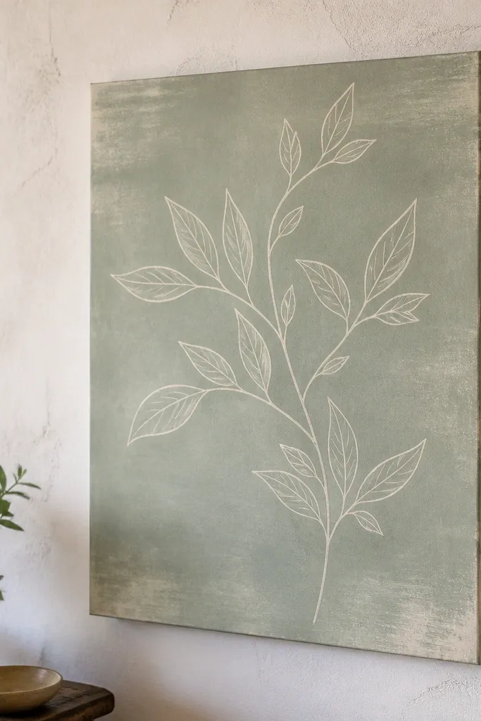 One curving branch with small leaves, white wax-scratch lines on muted green background