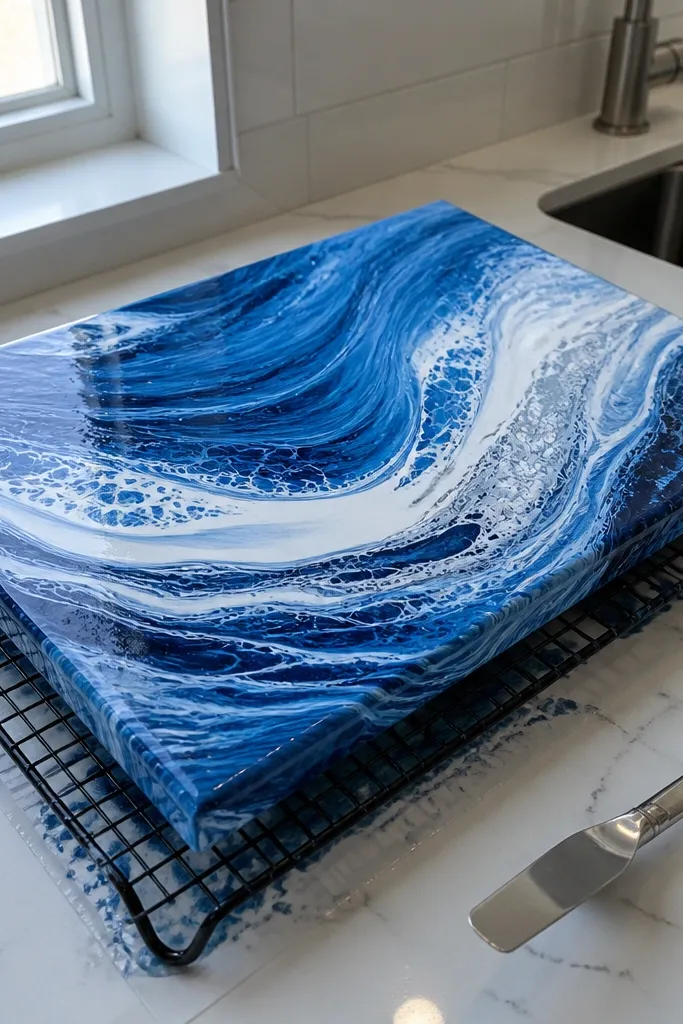 Abstract blue and white waves with marbled streaks and pale wax-like swirls