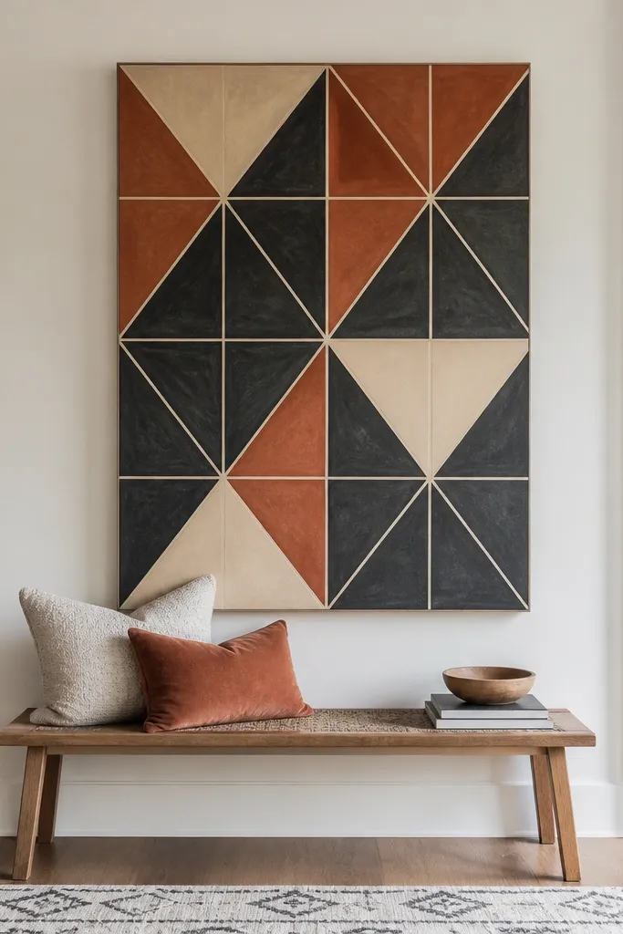 Black and muted colors arranged in a geometric tile grid with crisp pale resist lines