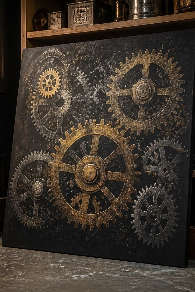 Steampunk gears with bright pale wax stipple highlights and dark metallic background