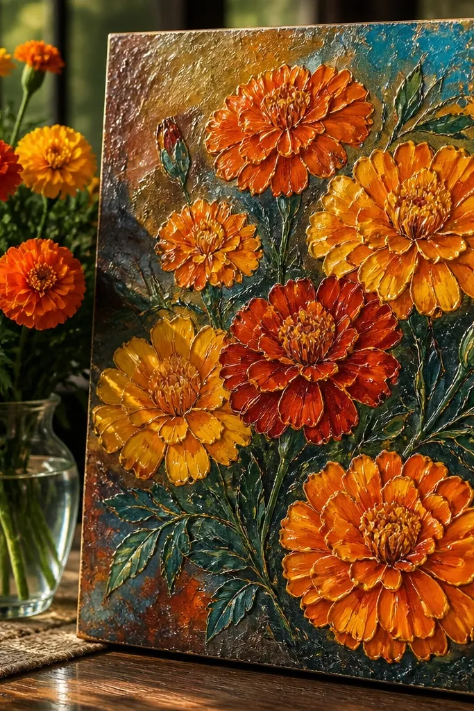 Still-life marigold petals in warm yellows with crisp light edges