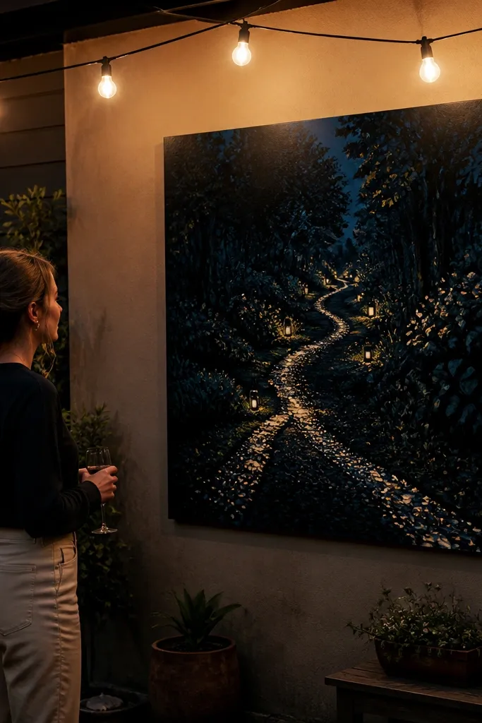 Dark garden path receding into a night sky with pale wax-like trail highlights