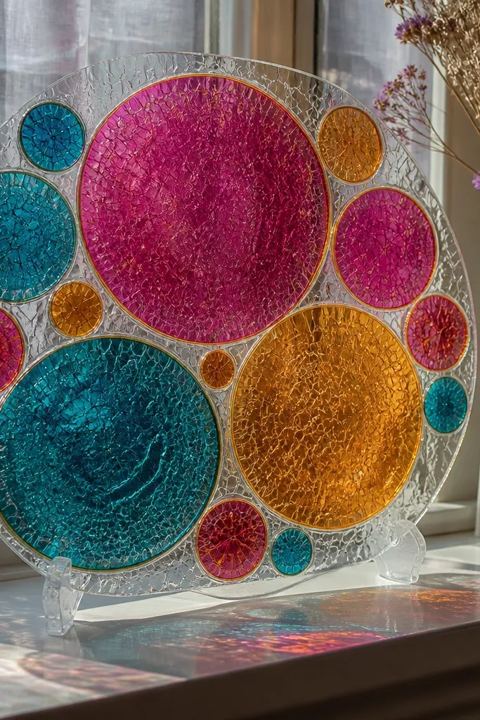 Overlapping circles with crackle lines and bright stained-glass color blocks
