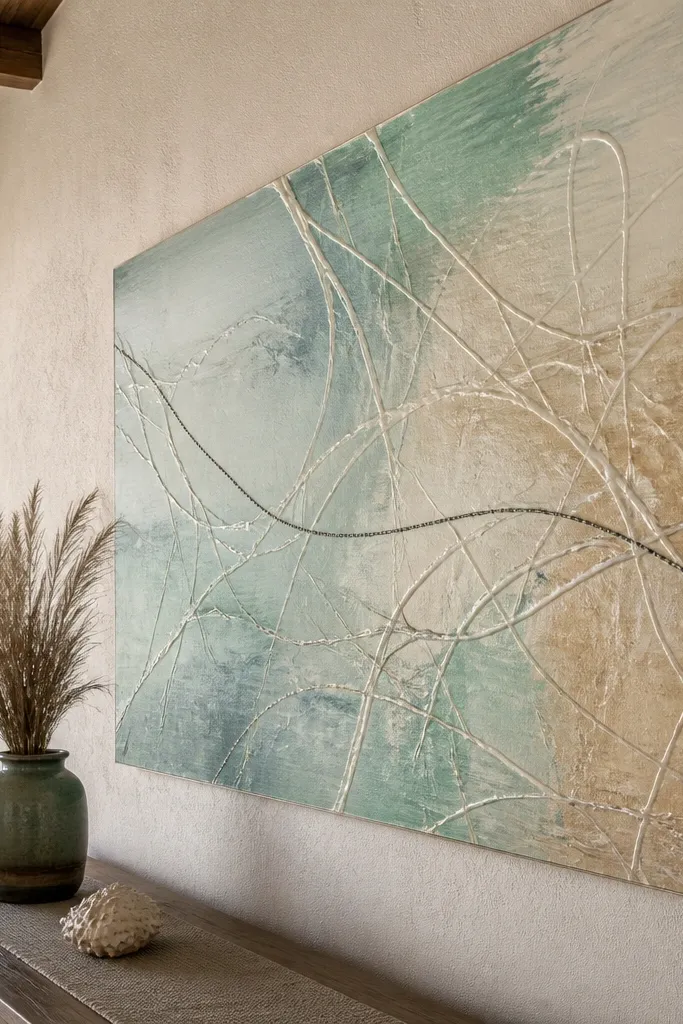 Map-like coast lines with pale thread-like wax trails on a seafoam wash