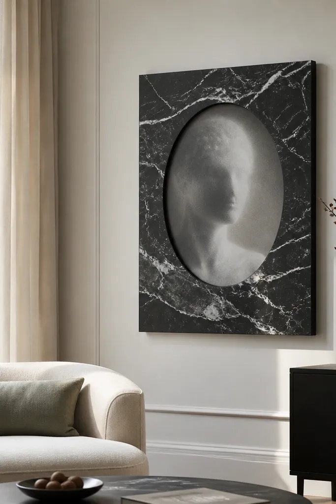 Monochrome marble frame with pale veining and dark inner portrait shape
