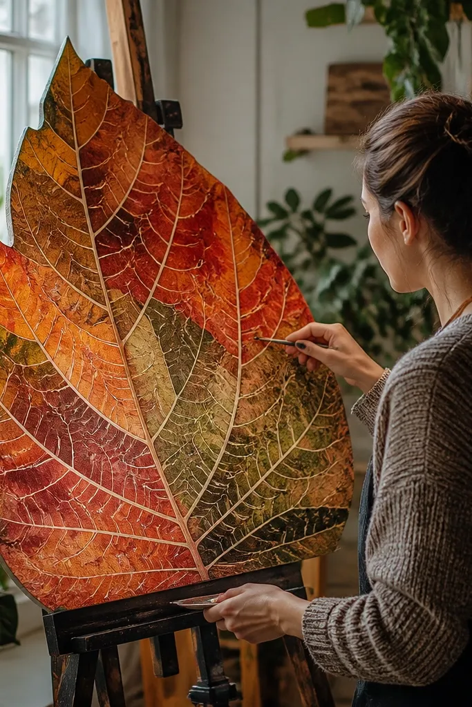 Large leaf shape with pale vein lines and layered autumn colors