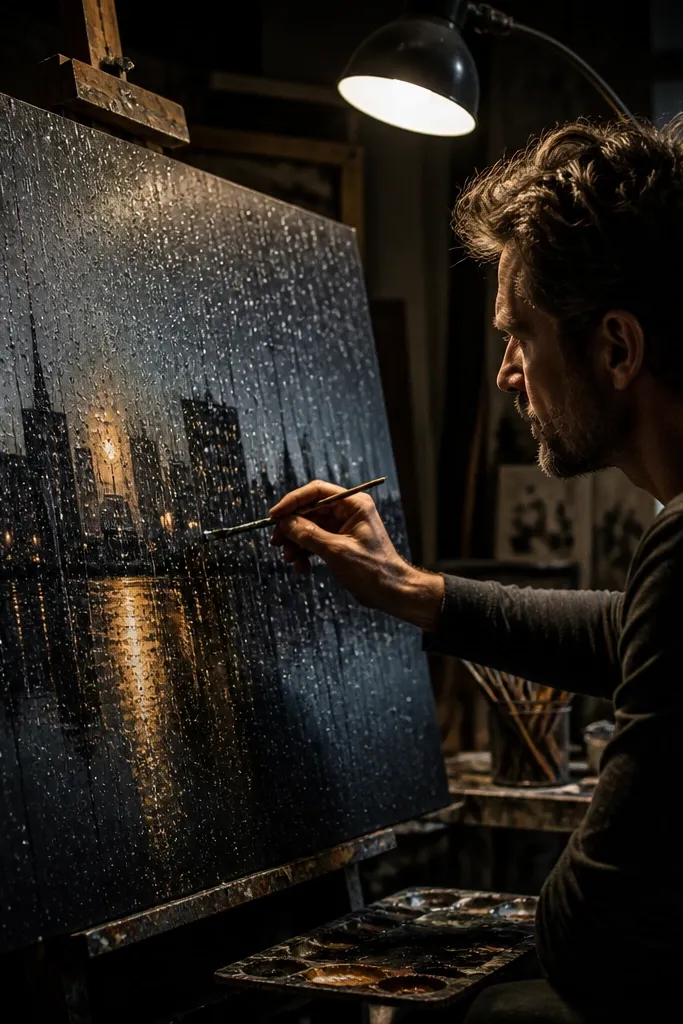 City skyline under dark rain with pale streaks and splatter-like highlights