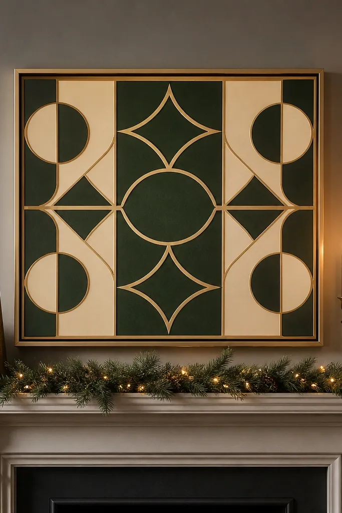 Ornament shapes with gold-like wax lines on deep green and cream background