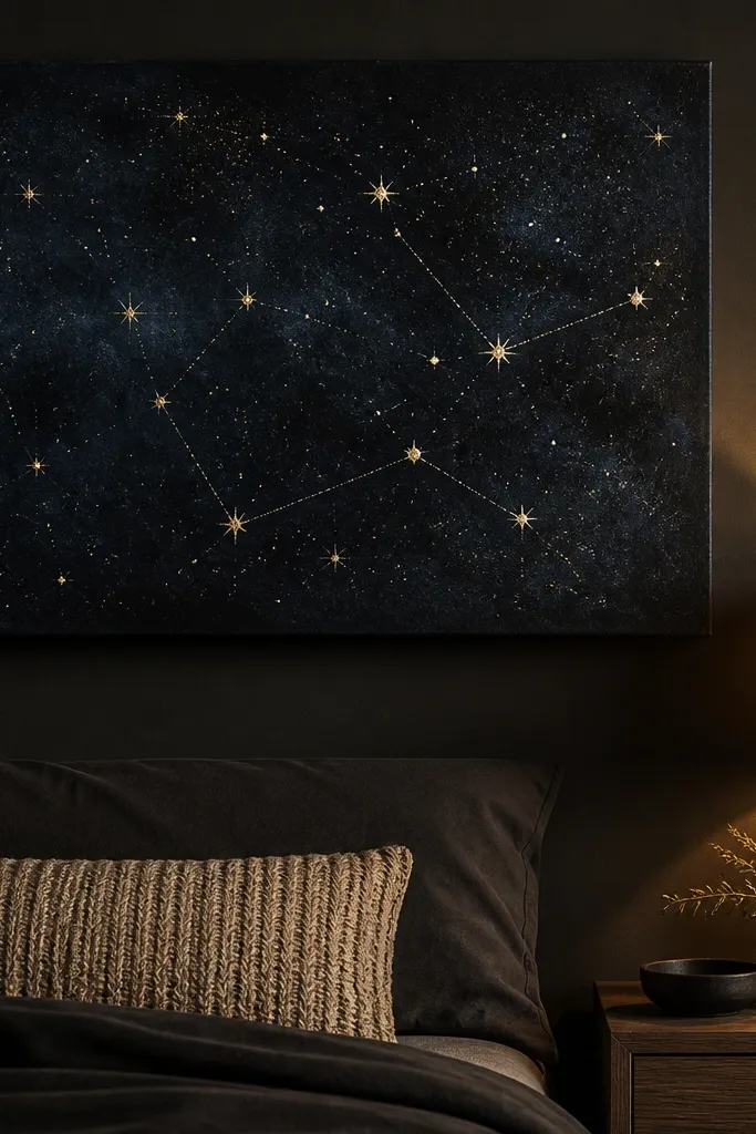 Deep night sky with pale constellations and small bright wax-like star bursts