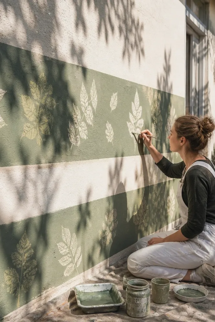 Green garden stripes with repeating leaf textures made from wax resist marks